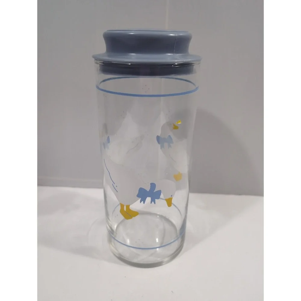 Vintage 1980s White Country Goose Glass Canister Jar Blue Bow Lid Cottagecore